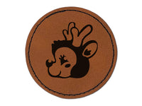 Cheerful Holiday Reindeer Christmas Round Iron-On Engraved Faux Leather Patch Applique - 2.5"