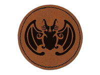 Chinese Lucky Bat Symbol of Good Fortune Round Iron-On Engraved Faux Leather Patch Applique - 2.5"