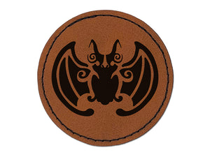 Chinese Lucky Bat Symbol of Good Fortune Round Iron-On Engraved Faux Leather Patch Applique - 2.5"