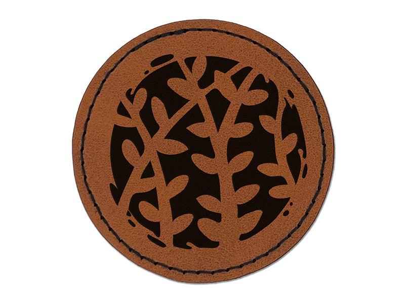 Circle of Leaves Vines Weeds Plants Round Iron-On Engraved Faux Leather Patch Applique - 2.5"