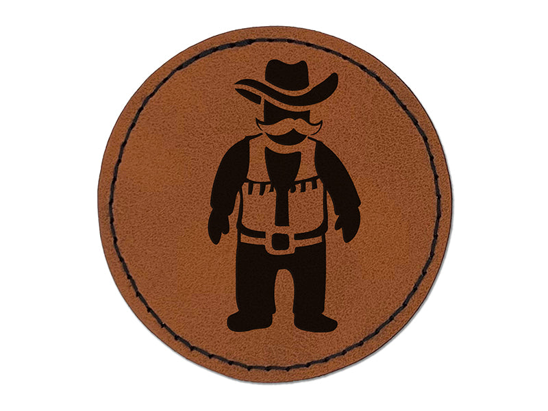 Cowboy Rancher with Mustache Hat and Vest Round Iron-On Engraved Faux Leather Patch Applique - 2.5"