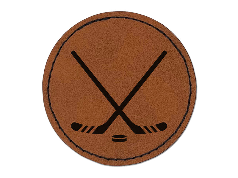 Crossed Hockey Sticks and Puck Round Iron-On Engraved Faux Leather Patch Applique - 2.5"