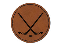 Crossed Hockey Sticks and Puck Round Iron-On Engraved Faux Leather Patch Applique - 2.5"