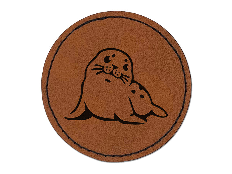 Curious Baby Seal Round Iron-On Engraved Faux Leather Patch Applique - 2.5"