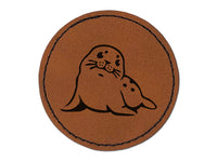 Curious Baby Seal Round Iron-On Engraved Faux Leather Patch Applique - 2.5"