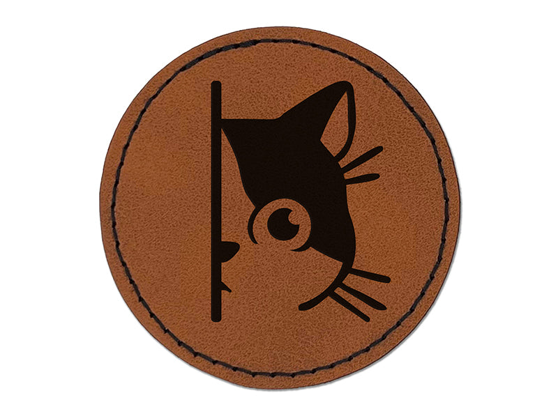 Curious Kitty Cat Hiding Peeking Around Corner Round Iron-On Engraved Faux Leather Patch Applique - 2.5"
