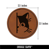 Curious Kitty Cat Hiding Peeking Around Corner Round Iron-On Engraved Faux Leather Patch Applique - 2.5"
