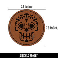 Mexican Day of the Dead Sugar Skull Skeleton Round Iron-On Engraved Faux Leather Patch Applique - 2.5"
