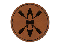 Double Kayak with Crossed Paddles Round Iron-On Engraved Faux Leather Patch Applique - 2.5"