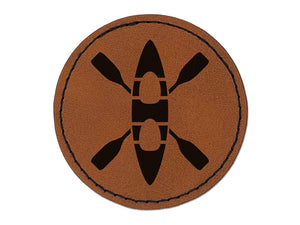 Double Kayak with Crossed Paddles Round Iron-On Engraved Faux Leather Patch Applique - 2.5"