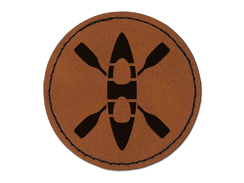 Double Kayak with Crossed Paddles Round Iron-On Engraved Faux Leather Patch Applique - 2.5"