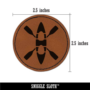 Double Kayak with Crossed Paddles Round Iron-On Engraved Faux Leather Patch Applique - 2.5"