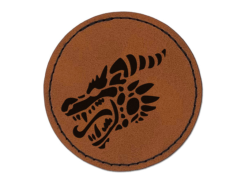 Dragon Head Side View with Tongue Out Round Iron-On Engraved Faux Leather Patch Applique - 2.5"