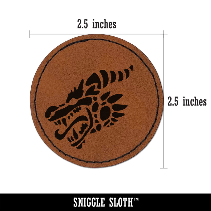 Dragon Head Side View with Tongue Out Round Iron-On Engraved Faux Leather Patch Applique - 2.5"