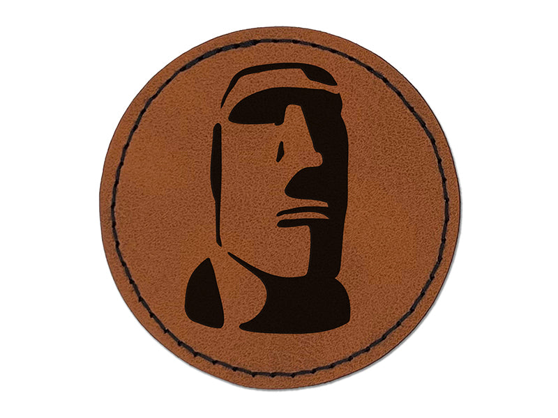 Easter Island Statue Stone Head Monument Round Iron-On Engraved Faux Leather Patch Applique - 2.5"