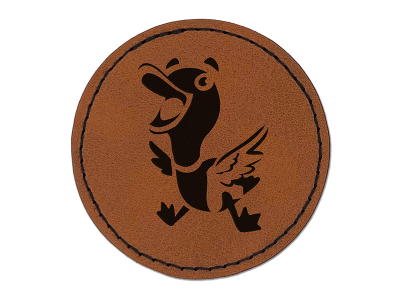 Excited and Happy Mallard Duck Cartoon Round Iron-On Engraved Faux Leather Patch Applique - 2.5"