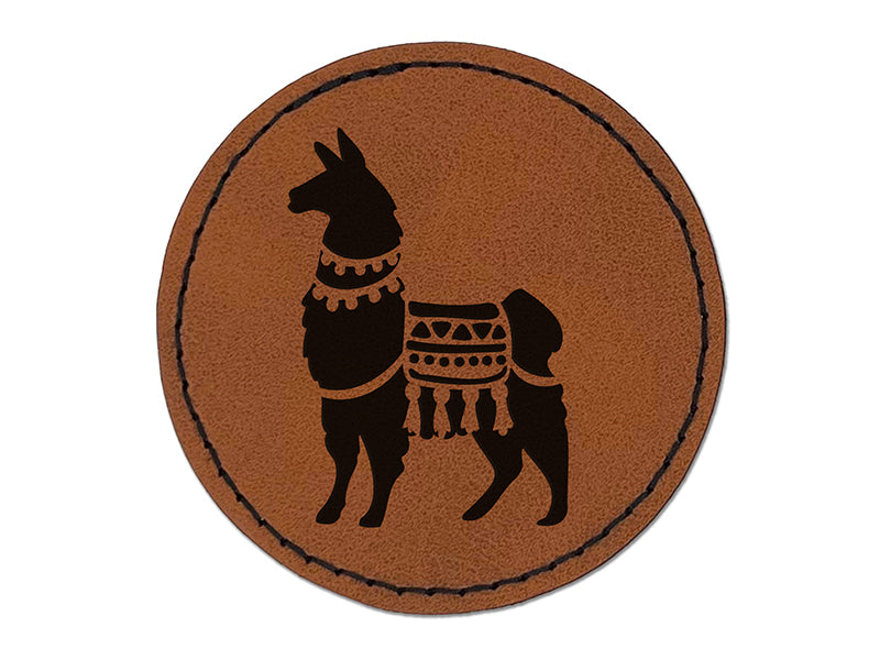 Fancy Llama with Geometric Blanket and Tassels Round Iron-On Engraved Faux Leather Patch Applique - 2.5"