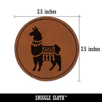 Fancy Llama with Geometric Blanket and Tassels Round Iron-On Engraved Faux Leather Patch Applique - 2.5"