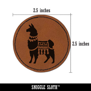 Fancy Llama with Geometric Blanket and Tassels Round Iron-On Engraved Faux Leather Patch Applique - 2.5"