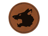 Ferocious Snarling Wolf Head Side Round Iron-On Engraved Faux Leather Patch Applique - 2.5"