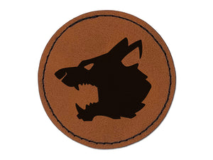 Ferocious Snarling Wolf Head Side Round Iron-On Engraved Faux Leather Patch Applique - 2.5"