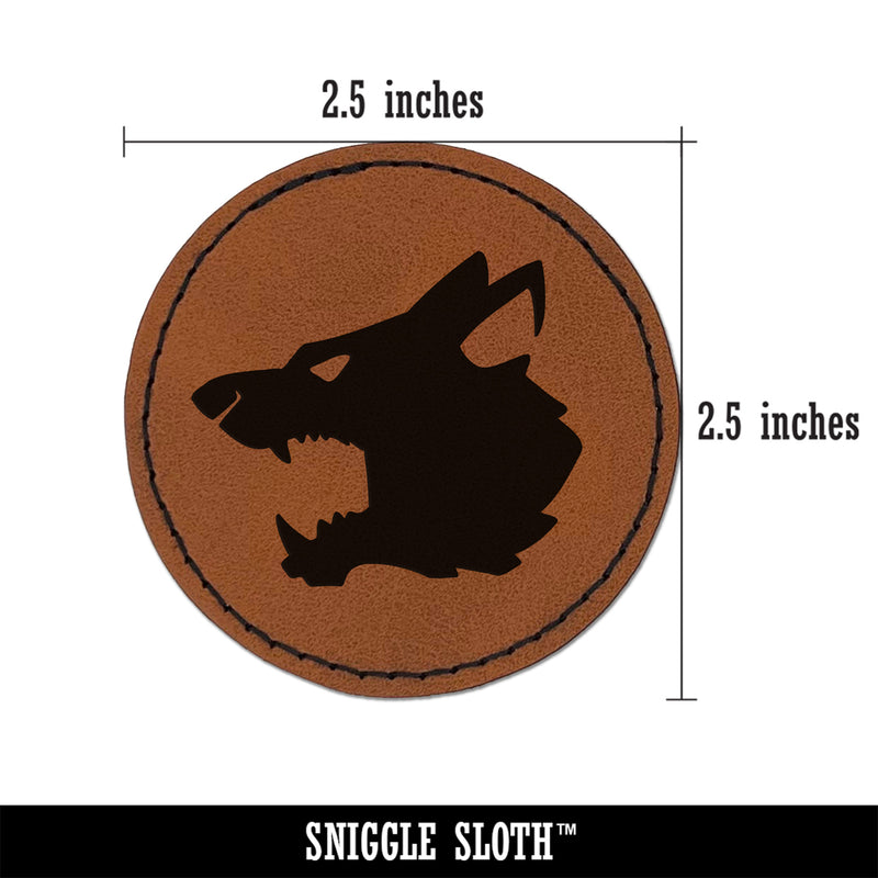 Ferocious Snarling Wolf Head Side Round Iron-On Engraved Faux Leather Patch Applique - 2.5"