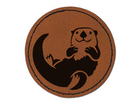 Floating Sea Otter Round Iron-On Engraved Faux Leather Patch Applique - 2.5"