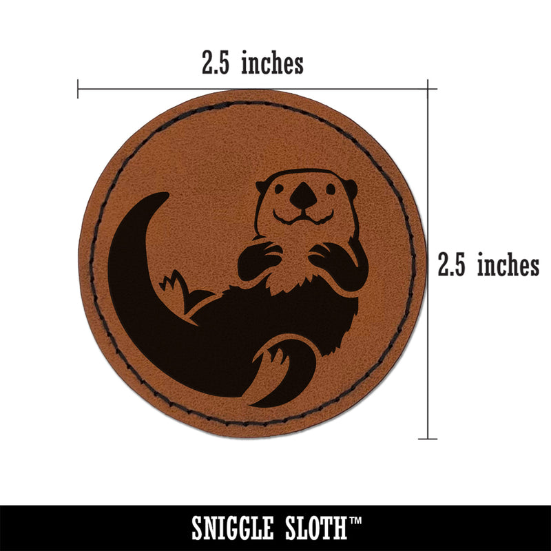 Floating Sea Otter Round Iron-On Engraved Faux Leather Patch Applique - 2.5"