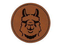 Fluffy Wooly Llama Head Round Iron-On Engraved Faux Leather Patch Applique - 2.5"