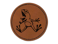 Frog Leaping from Shock and Surprise Round Iron-On Engraved Faux Leather Patch Applique - 2.5"