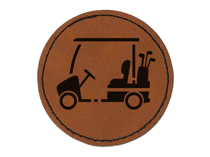 Golf Cart Caddy with Clubs Round Iron-On Engraved Faux Leather Patch Applique - 2.5"
