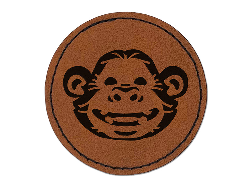 Grinning Chimpanzee Ape Monkey Face Round Iron-On Engraved Faux Leather Patch Applique - 2.5"