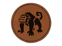 Grumpy Monkey with Curly Tail Round Iron-On Engraved Faux Leather Patch Applique - 2.5"