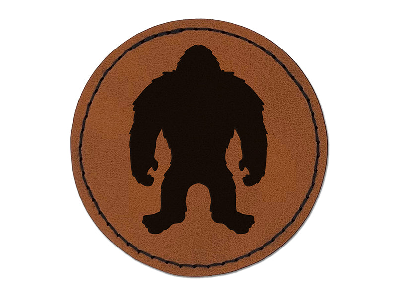 Hairy Bigfoot Sasquatch Standing Silhouette Round Iron-On Engraved Faux Leather Patch Applique - 2.5"
