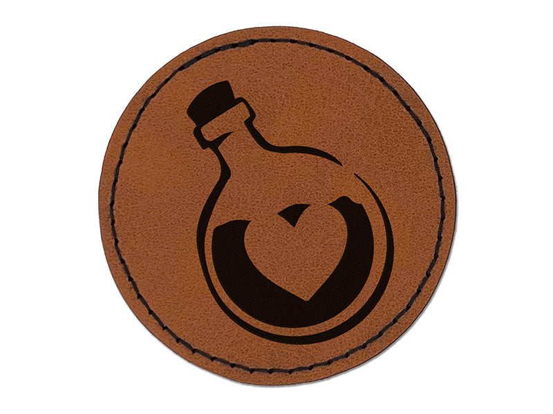 Heart Love Health Potion Bottle Round Iron-On Engraved Faux Leather Patch Applique - 2.5"