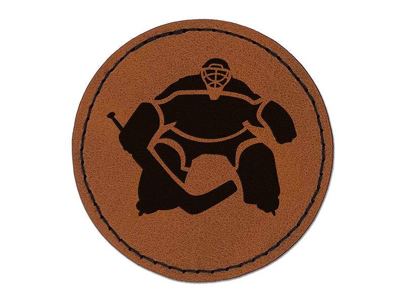 Hockey Goalie Goalkeeper with Stick Round Iron-On Engraved Faux Leather Patch Applique - 2.5"