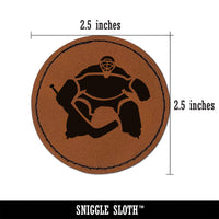 Hockey Goalie Goalkeeper with Stick Round Iron-On Engraved Faux Leather Patch Applique - 2.5"