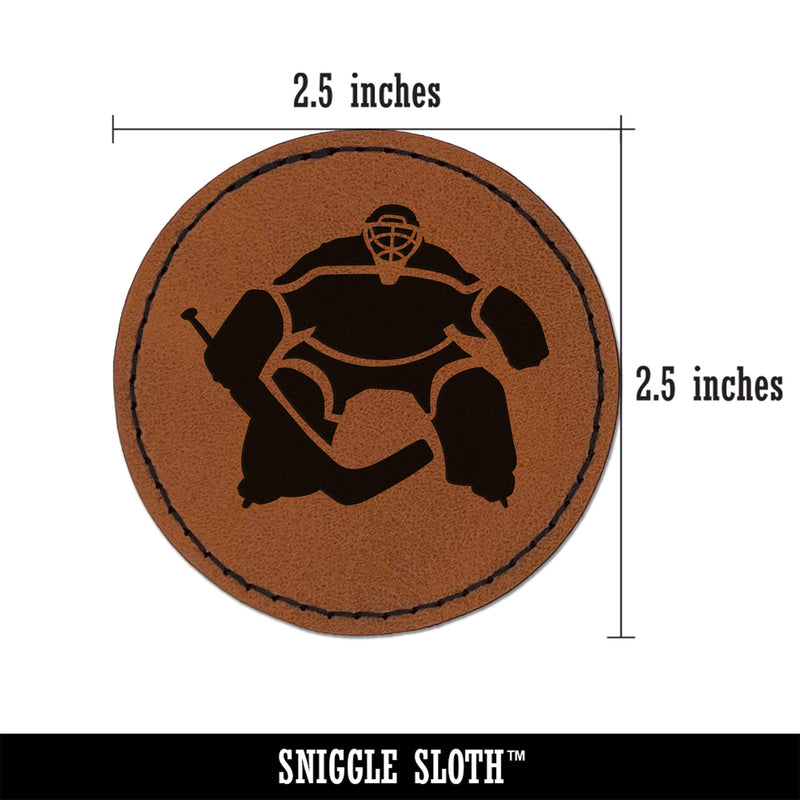 Hockey Goalie Goalkeeper with Stick Round Iron-On Engraved Faux Leather Patch Applique - 2.5"