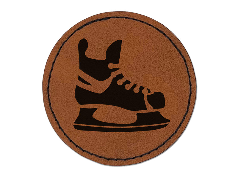 Hockey Ice Skates Skating Blades Round Iron-On Engraved Faux Leather Patch Applique - 2.5"
