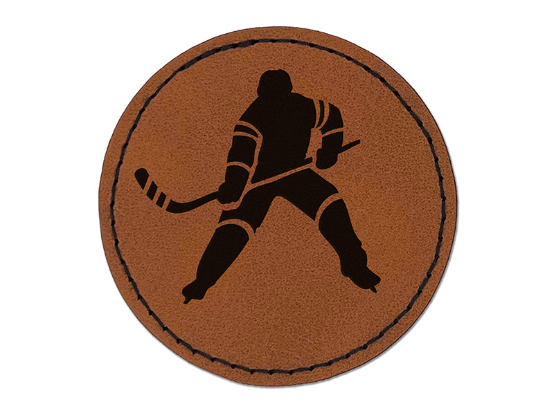 Hockey Player Holding Hockey Stick Round Iron-On Engraved Faux Leather Patch Applique - 2.5"