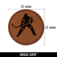 Hockey Player Holding Hockey Stick Round Iron-On Engraved Faux Leather Patch Applique - 2.5"