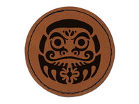 Japanese Daruma Doll Zen Buddhism Bodhidharma Round Iron-On Engraved Faux Leather Patch Applique - 2.5"