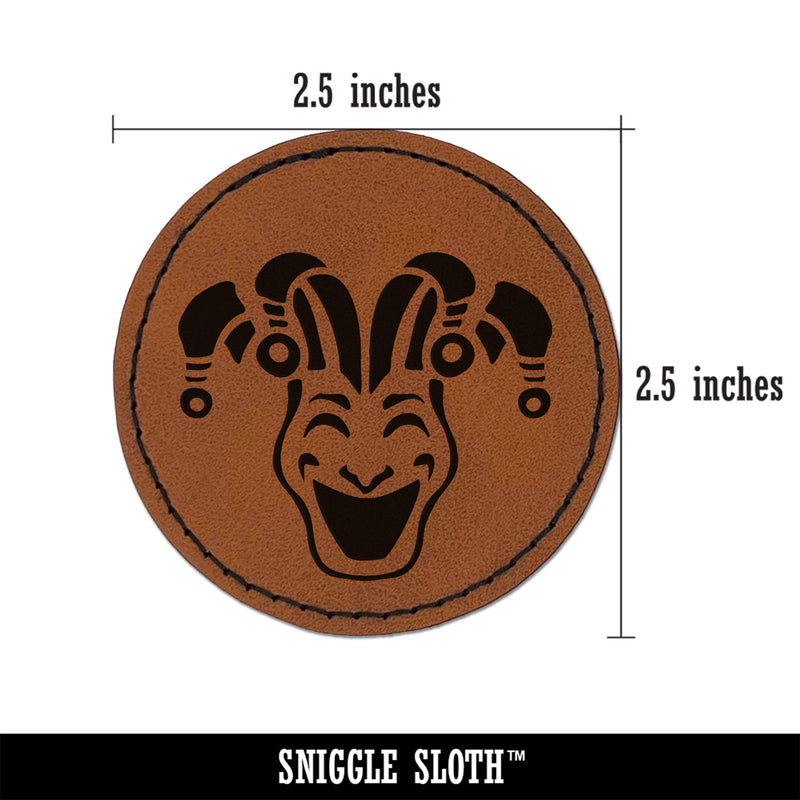 Jester Clown Joker Face Mardi Gras Round Iron-On Engraved Faux Leather Patch Applique - 2.5"