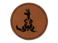 Kangaroo Mother with Baby Joey in Pouch Pocket Round Iron-On Engraved Faux Leather Patch Applique - 2.5"