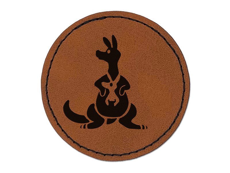 Kangaroo Mother with Baby Joey in Pouch Pocket Round Iron-On Engraved Faux Leather Patch Applique - 2.5"