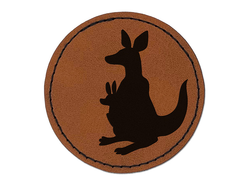 Kangaroo Mother with Baby Joey Silhouette Round Iron-On Engraved Faux Leather Patch Applique - 2.5"