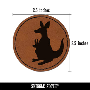Kangaroo Mother with Baby Joey Silhouette Round Iron-On Engraved Faux Leather Patch Applique - 2.5"