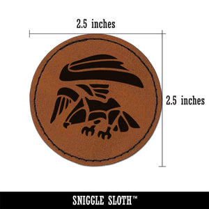 Landing Geometric Eagle Hawk Bird of Prey Round Iron-On Engraved Faux Leather Patch Applique - 2.5"
