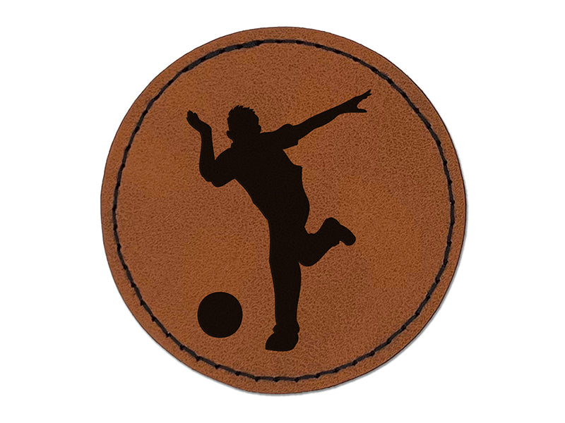 Man Bowler Bowling Ball Front View Round Iron-On Engraved Faux Leather Patch Applique - 2.5"