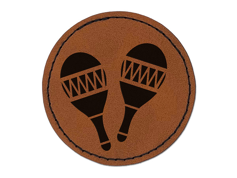 Maracas Rumba Shaker Mardi Gras Latin Caribbean Musical Instrument Round Iron-On Engraved Faux Leather Patch Applique - 2.5"